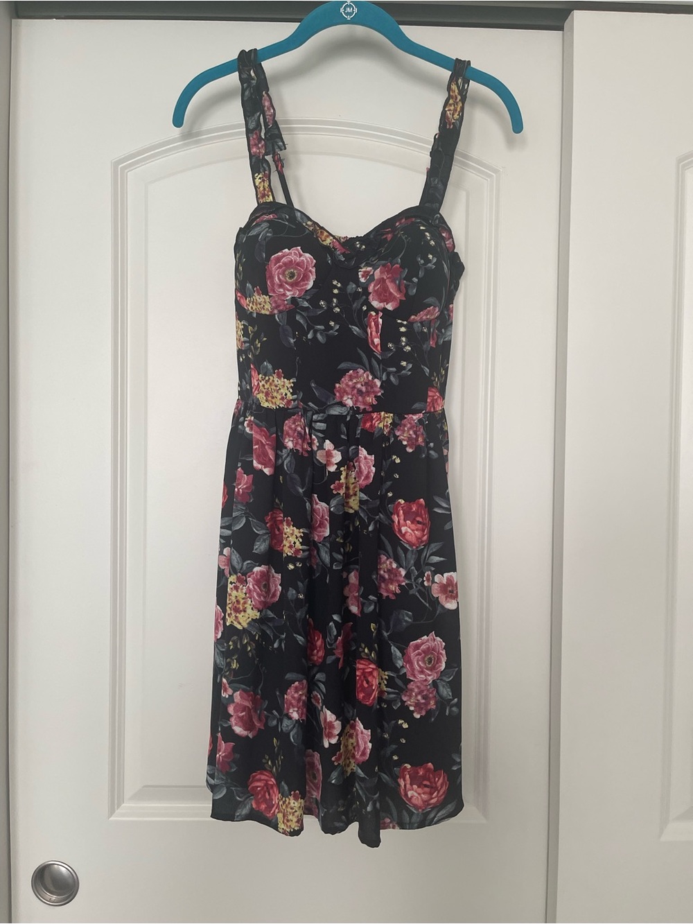 Xhilaration Black Floral Sweetheart Mini Dress with Pink & Yellow Flowers